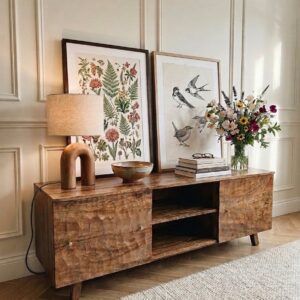 wooden TV cabinet with shelves and drawers