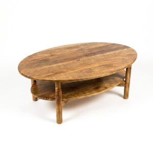 Modern wooden coffee table with oval top and shelf